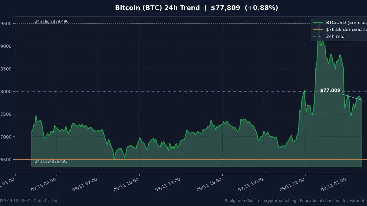 비트코인(BTC) 최근 24시간 USD 추세 — ETF 유출·$76.5k 지지 소화 시황·전망 차트
