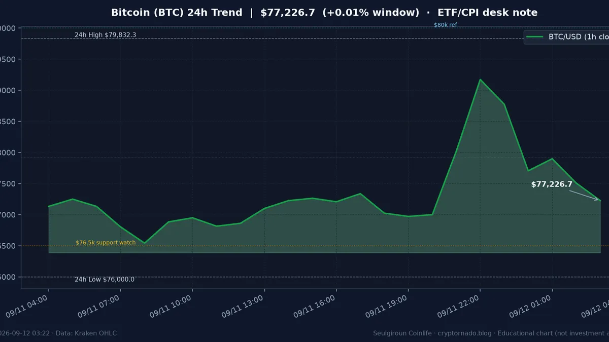 비트코인(BTC) 최근 24시간 USD 추세 — ETF 유출·CPI 청산 파동 후 $76.5k 지지 점검 시황·전망 차트