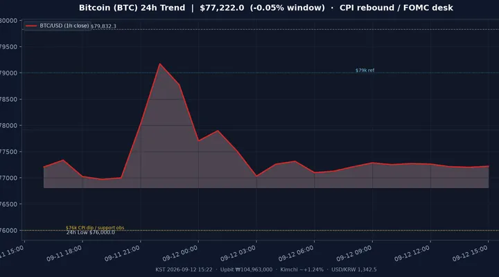 비트코인(BTC) 최근 24시간 USD 추세 — CPI 딥 $76k 방어·중간대 공방 시황·전망 차트