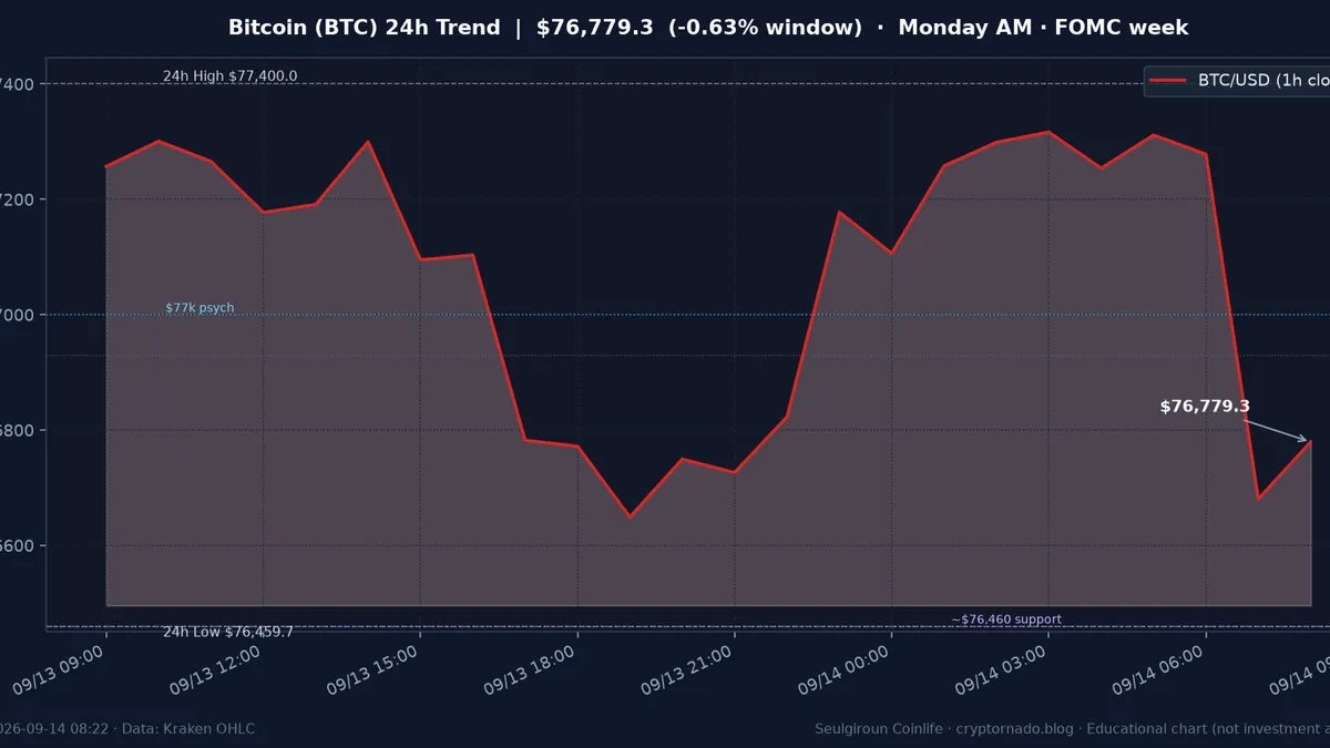 비트코인(BTC) 최근 24시간 USD 추세 — 창 −0.63%·$77k 심리선 하회·$76.46k 지지·김치 ~+1.34%·월요 오전·FOMC 주간 시황·전망 차트