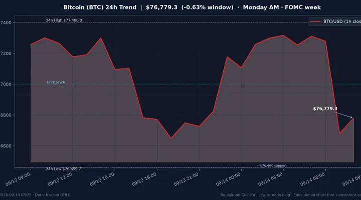 비트코인(BTC) 최근 24시간 USD 추세 — 창 −0.63%·$77k 심리선 하회·$76.46k 지지·김치 ~+1.34%·월요 오전·FOMC 주간 시황·전망 차트