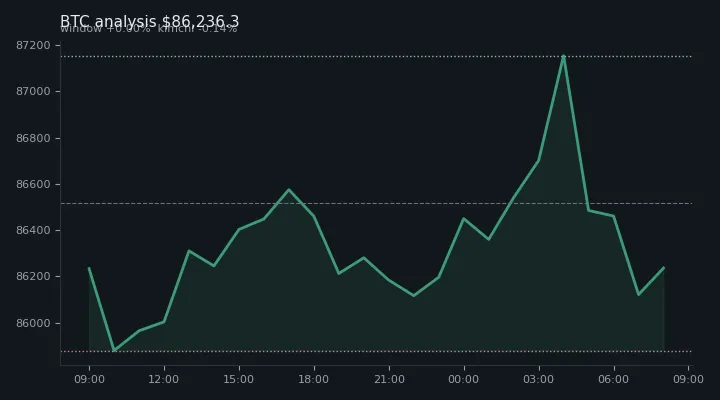 비트코인(BTC) 오후 전망 차트 — $86,236.3·창 +0.00%·김치 -0.14%