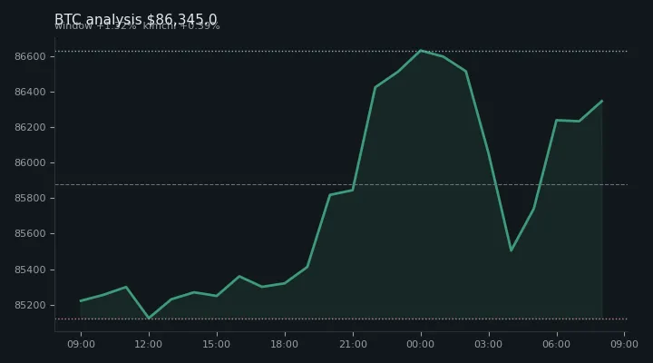 비트코인(BTC) 오후 전망 차트 — $86,345.0·창 +1.32%·김치 +0.39%