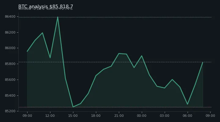 비트코인(BTC) 오후 전망 차트 — $85,818.7·창 -0.16%·김치 +0.74%