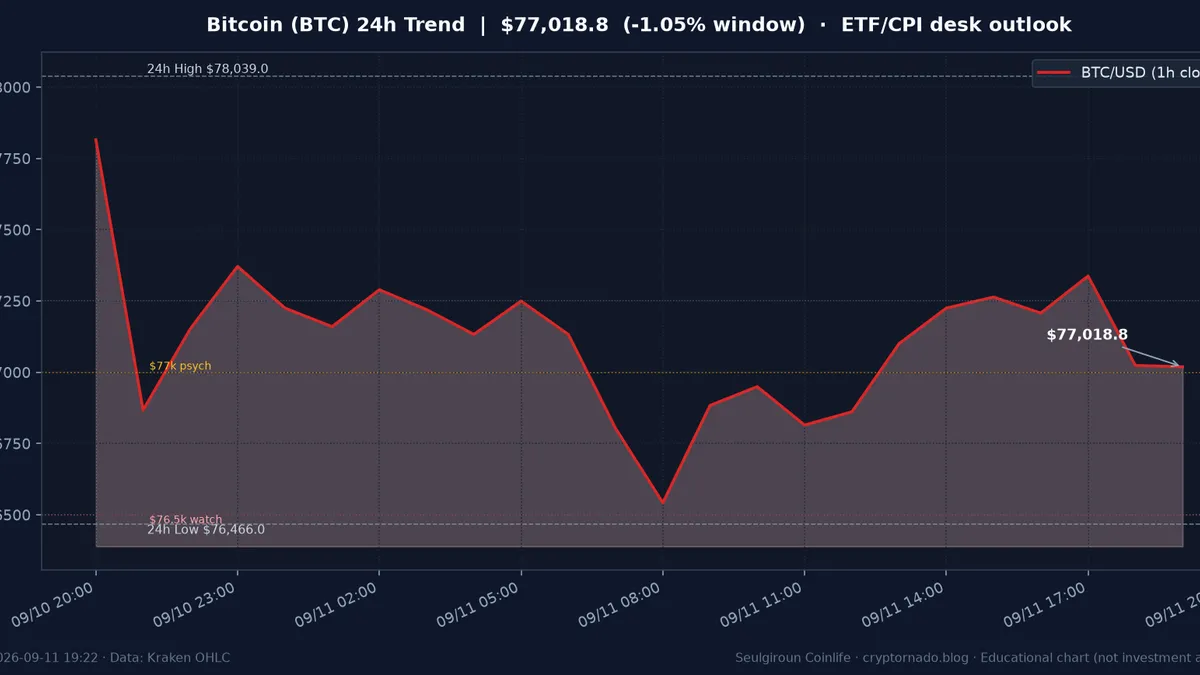 비트코인(BTC) 최근 24시간 USD 추세 — ETF 유출·CPI 전야 오늘 시장 한줄 전망 차트