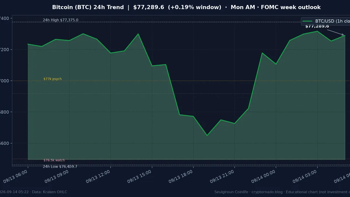 비트코인(BTC) 최근 24시간 USD 추세 — $77.3k 횡보·$77k 심리선·$76.5k 관찰대·김치 ~+1.1%·월요 새벽 시황·전망 차트