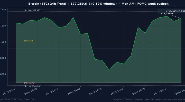 비트코인(BTC) 최근 24시간 USD 추세 — $77.3k 횡보·$77k 심리선·$76.5k 관찰대·김치 ~+1.1%·월요 새벽 시황·전망 차트