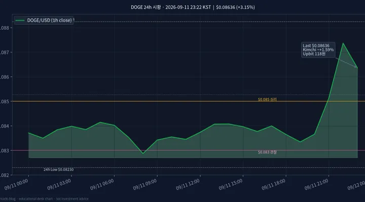 도지코인(DOGE) 최근 24시간 USD 추세 — 위험선호 회복·$0.085 안착 시황·전망 차트