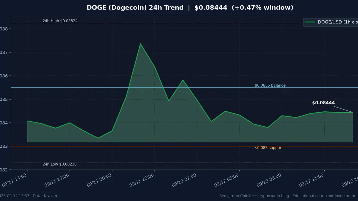도지코인(DOGE) 최근 24시간 USD 추세 — 청산 잔파·중간대 소화 시황·전망 차트