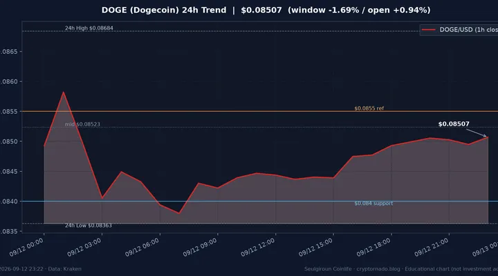 도지코인(DOGE) 최근 24시간 USD 추세 — 중간대 회귀·김치 상대 두꺼움·$0.084~$0.0855·FOMC 전야 시황·전망 차트