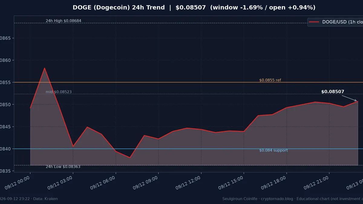 도지코인(DOGE) 최근 24시간 USD 추세 — 중간대 회귀·김치 상대 두꺼움·$0.084~$0.0855·FOMC 전야 시황·전망 차트