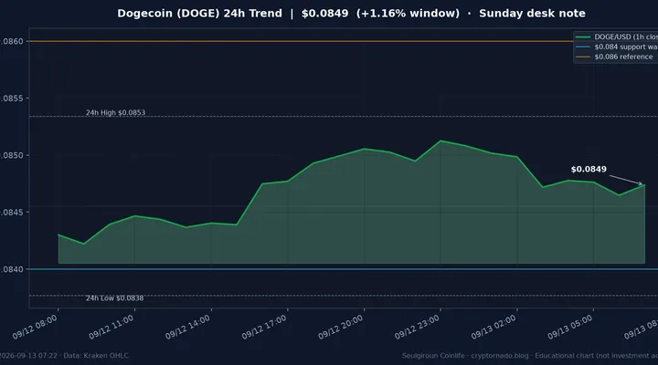 도지코인(DOGE) 최근 24시간 USD 추세 — 중간대 소화·김치 상대 두꺼움·$0.084 지지·$0.086 저항·FOMC 주간 시황·전망 차트