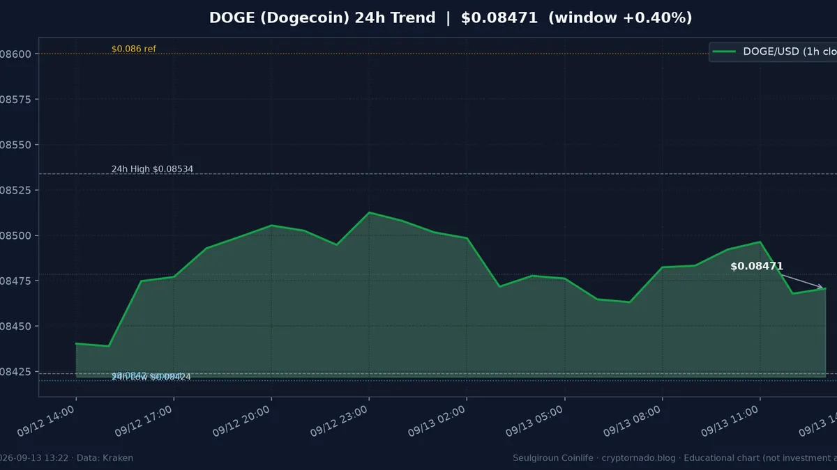 도지코인(DOGE) 최근 24시간 USD 추세 — 중간대 소화·김치 상대 축소·$0.0842 지지·$0.086 저항·FOMC 주간 시황·전망 차트