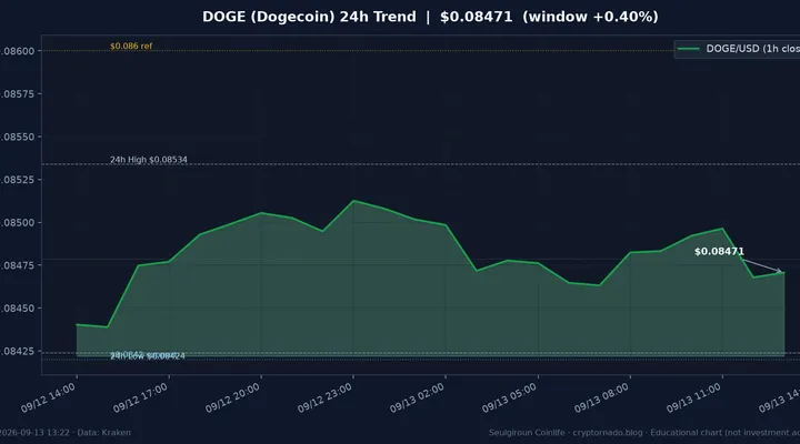 도지코인(DOGE) 최근 24시간 USD 추세 — 중간대 소화·김치 상대 축소·$0.0842 지지·$0.086 저항·FOMC 주간 시황·전망 차트