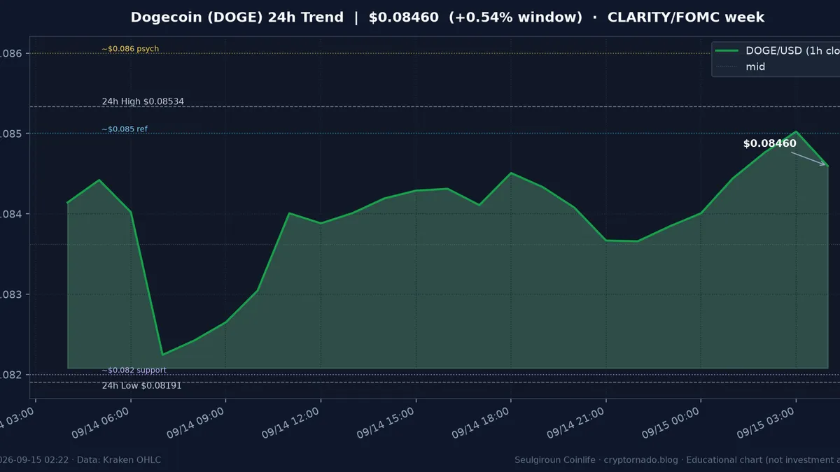 도지코인(DOGE) 최근 24시간 USD 추세 — $0.08460·창 +0.54%·오픈 +2.64%·김치 ~+1.25%·$0.082 지지·$0.085~$0.086 참고·CLARITY 표결일·FOMC 전야·화요 새벽 시황·전망 차트