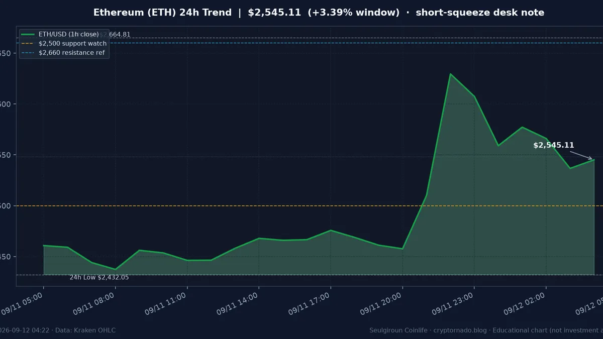 이더리움(ETH) 최근 24시간 USD 추세 — CPI 후 숏 청산·$2.5k 지지 점검 시황·전망 차트