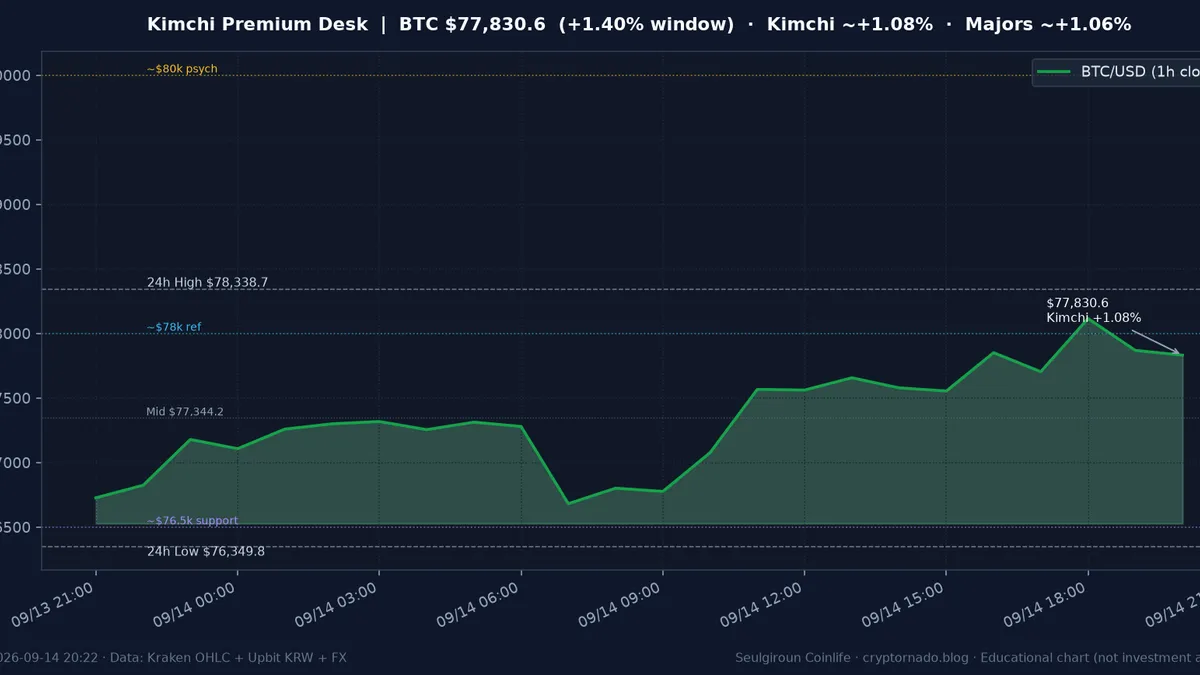 비트코인(BTC) 최근 24시간 USD 추세 — 김치프리미엄 ~+1.08%·업비트 국내거래소 괴리·CLARITY·FOMC 전야·월요 저녁 시황·전망 차트