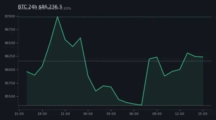 비트코인(BTC) 최근 24시간 USD 추세 — $86,236.3·창 +0.32%·김치 -2.03%·고 $87,446.7·저 $85,100.0