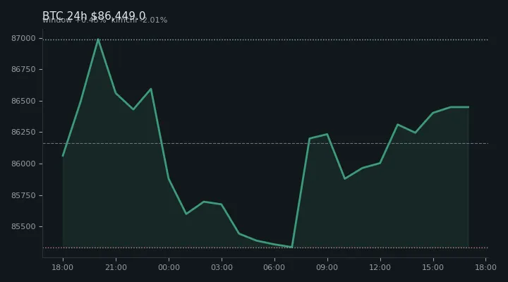 비트코인(BTC) 최근 24시간 USD 추세 — $86,449.0·창 +0.45%·김치 -2.01%·고 $87,446.7·저 $85,100.0