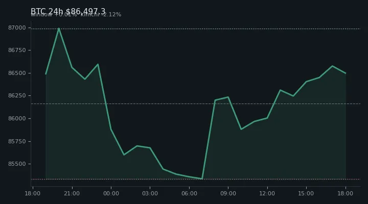 비트코인(BTC) 최근 24시간 USD 추세 — $86,497.3·창 +0.01%·김치 -2.12%·고 $87,446.7·저 $85,100.0