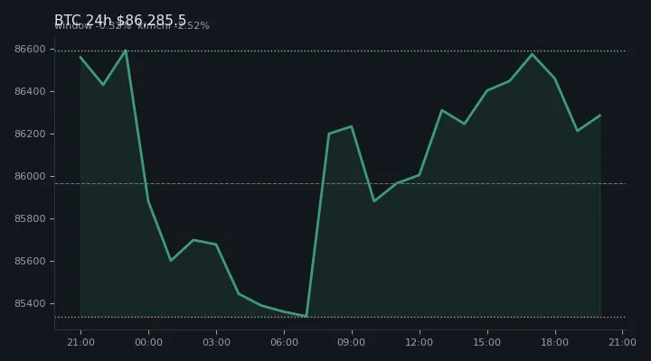 비트코인(BTC) 최근 24시간 USD 추세 — $86,285.5·창 -0.32%·김치 -2.52%·고 $86,986.7·저 $85,100.0