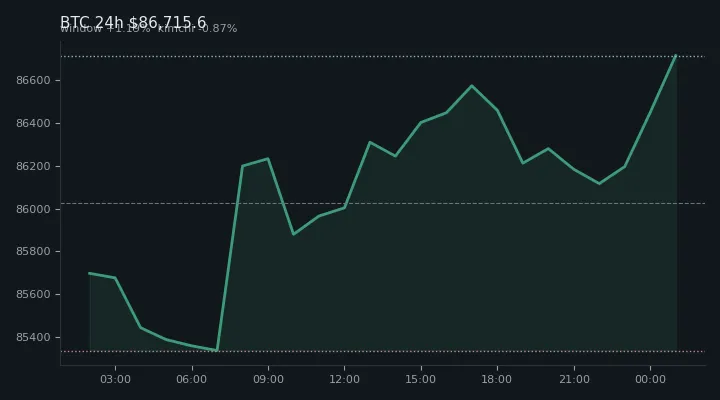 비트코인(BTC) 최근 24시간 USD 추세 — $86,715.6·창 +1.19%·김치 -0.87%·고 $86,829.0·저 $85,100.0