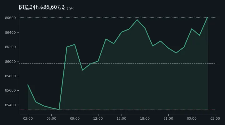 비트코인(BTC) 최근 24시간 USD 추세 — $86,607.2·창 +1.09%·김치 -0.70%·고 $86,829.0·저 $85,100.0