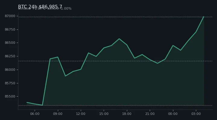 비트코인(BTC) 최근 24시간 USD 추세 — $86,985.7·창 +1.87%·김치 -1.00%·고 $87,000.0·저 $85,100.0