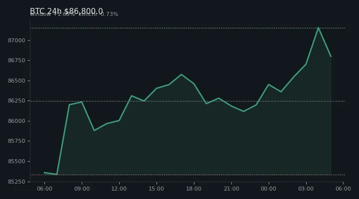 비트코인(BTC) 최근 24시간 USD 추세 — $86,800.0·창 +1.69%·김치 -0.73%·고 $87,274.4·저 $85,149.1