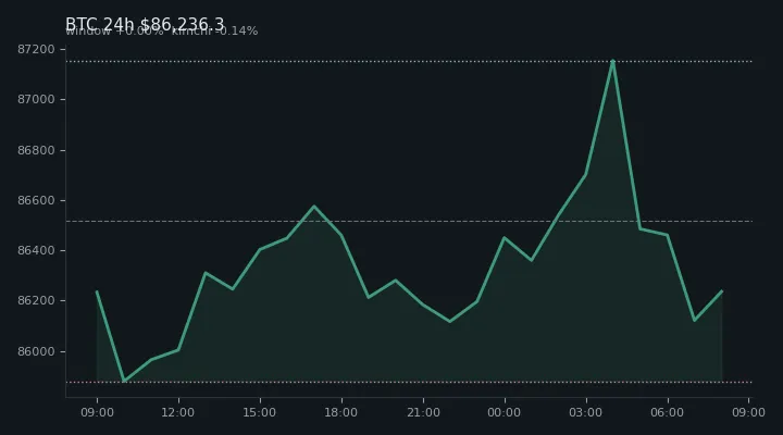 비트코인(BTC) 최근 24시간 USD 추세 — $86,236.3·창 +0.00%·김치 -0.14%·고 $87,274.4·저 $85,448.1