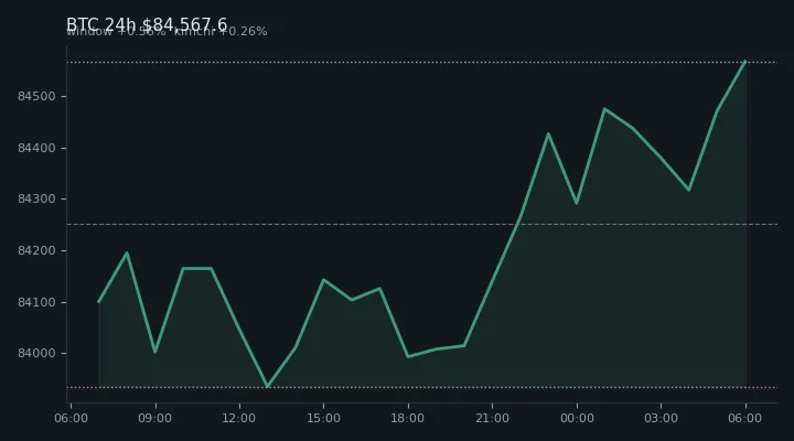 비트코인(BTC) 최근 24시간 USD 추세 — $84,567.6·창 +0.56%·김치 +0.26%·고 $84,618.8·저 $83,816.2