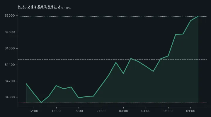비트코인(BTC) 최근 24시간 USD 추세 — $84,991.2·창 +0.98%·김치 +0.10%·고 $85,104.0·저 $83,816.2