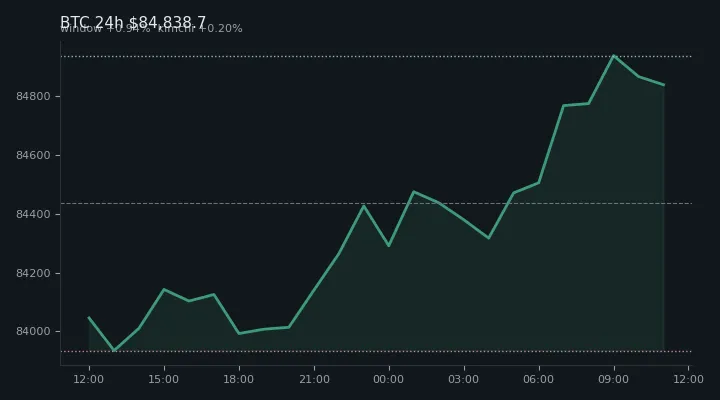 비트코인(BTC) 최근 24시간 USD 추세 — $84,838.7·창 +0.94%·김치 +0.20%·고 $85,104.0·저 $83,816.2