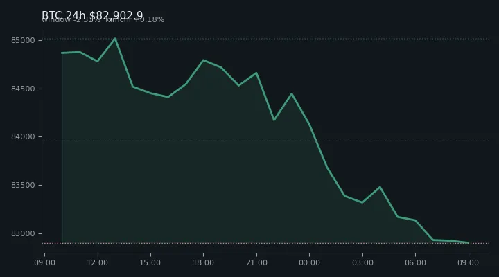 비트코인(BTC) 최근 24시간 USD 추세 — $82,902.9·창 -2.31%·김치 +0.18%·고 $85,142.8·저 $82,567.1