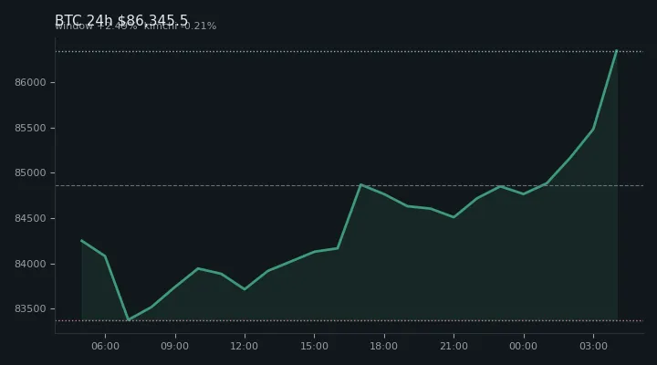 비트코인(BTC) 최근 24시간 USD 추세 — $86,345.5·창 +2.49%·김치 -0.21%·고 $86,438.1·저 $83,124.8