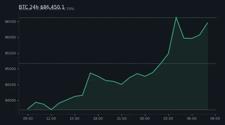 비트코인(BTC) 최근 24시간 USD 추세 — $86,450.1·창 +3.24%·김치 -0.70%·고 $86,865.8·저 $83,372.5