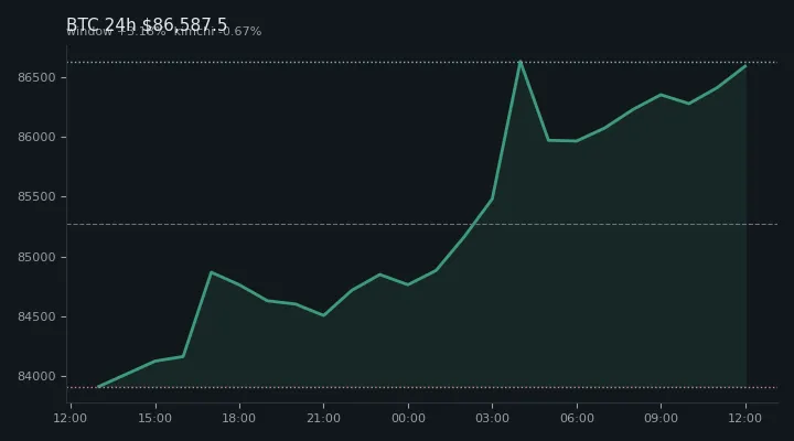 비트코인(BTC) 최근 24시간 USD 추세 — $86,587.5·창 +3.18%·김치 -0.67%·고 $86,865.8·저 $83,430.2