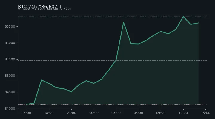 비트코인(BTC) 최근 24시간 USD 추세 — $86,607.1·창 +2.95%·김치 -0.76%·고 $87,229.0·저 $83,794.7