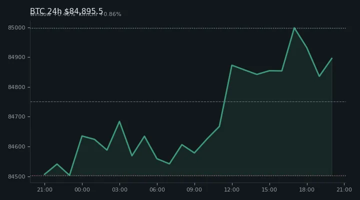 비트코인(BTC) 최근 24시간 USD 추세 — $84,895.5·창 +0.46%·김치 +0.86%·고 $85,025.9·저 $84,404.4