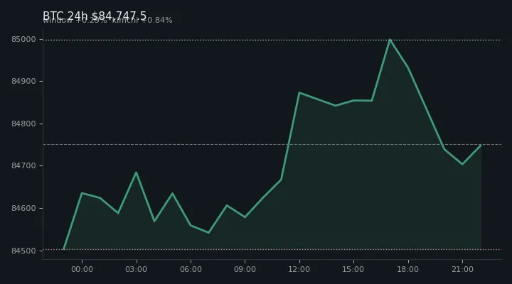 비트코인(BTC) 최근 24시간 USD 추세 — $84,747.5·창 +0.29%·김치 +0.84%·고 $85,025.9·저 $84,431.7
