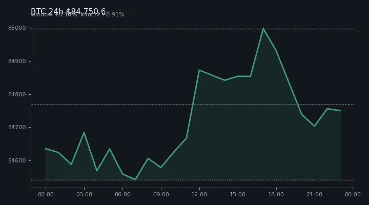 비트코인(BTC) 최근 24시간 USD 추세 — $84,750.6·창 +0.14%·김치 +0.91%·고 $85,025.9·저 $84,431.7