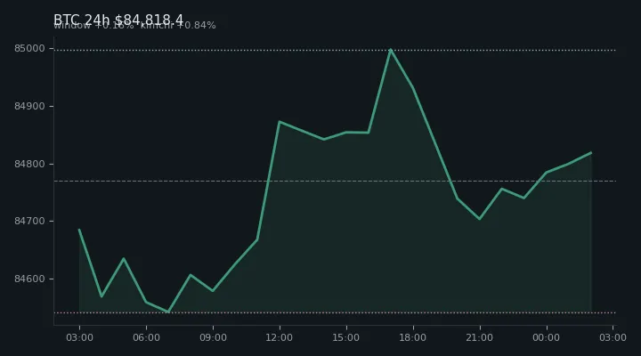 비트코인(BTC) 최근 24시간 USD 추세 — $84,818.4·창 +0.16%·김치 +0.84%·고 $85,025.9·저 $84,509.0