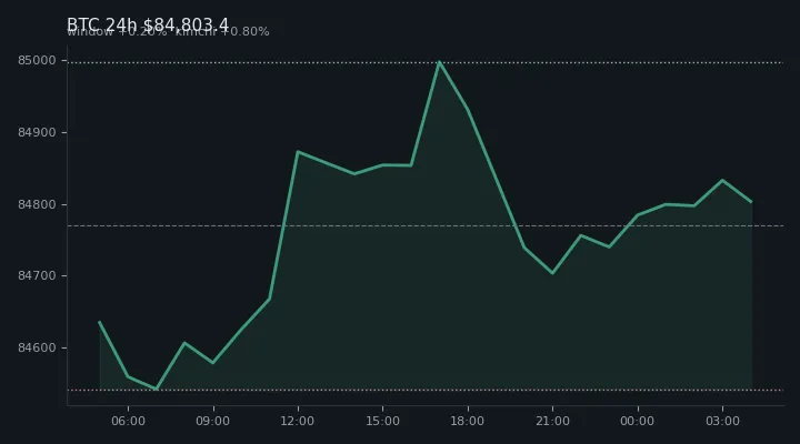 비트코인(BTC) 최근 24시간 USD 추세 — $84,803.4·창 +0.20%·김치 +0.80%·고 $85,025.9·저 $84,538.5