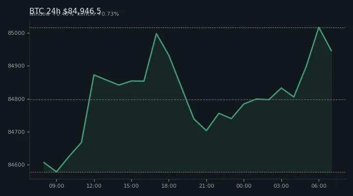 비트코인(BTC) 최근 24시간 USD 추세 — $84,946.5·창 +0.40%·김치 +0.73%·고 $85,056.5·저 $84,538.5