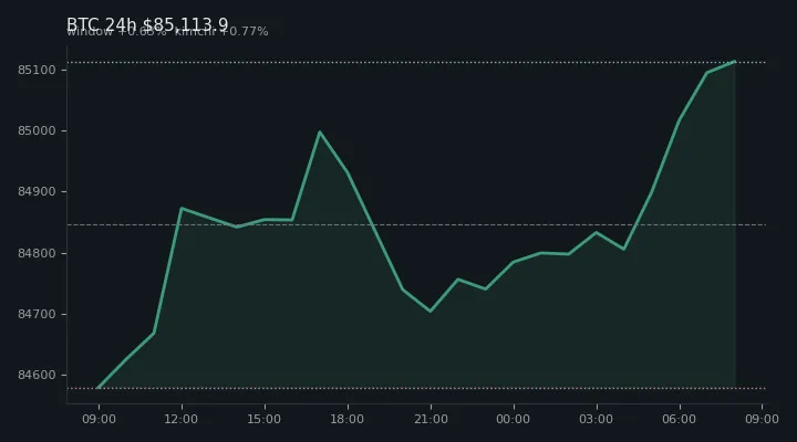 비트코인(BTC) 최근 24시간 USD 추세 — $85,113.9·창 +0.63%·김치 +0.77%·고 $85,166.5·저 $84,538.5