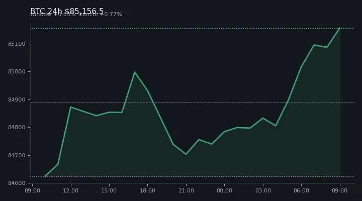 비트코인(BTC) 최근 24시간 USD 추세 — $85,156.5·창 +0.63%·김치 +0.77%·고 $85,185.8·저 $84,538.5