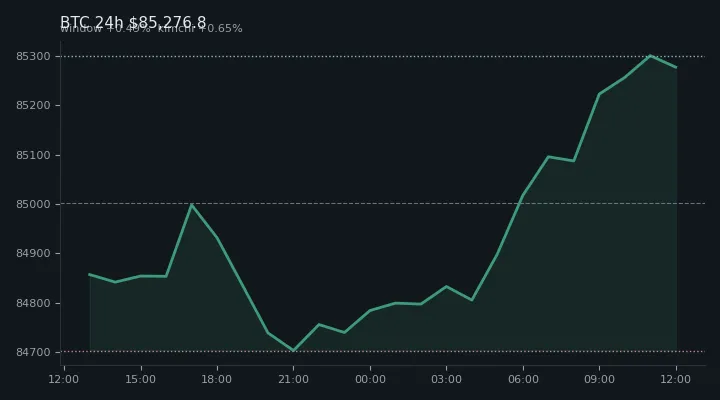 비트코인(BTC) 최근 24시간 USD 추세 — $85,276.8·창 +0.49%·김치 +0.65%·고 $85,406.8·저 $84,538.5