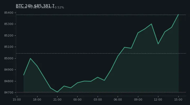 비트코인(BTC) 최근 24시간 USD 추세 — $85,381.7·창 +0.62%·김치 +0.52%·고 $85,459.5·저 $84,538.5