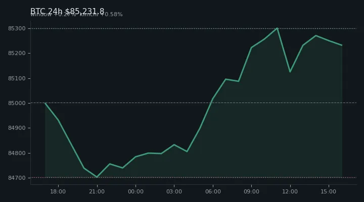비트코인(BTC) 최근 24시간 USD 추세 — $85,231.8·창 +0.27%·김치 +0.58%·고 $85,459.5·저 $84,538.5
