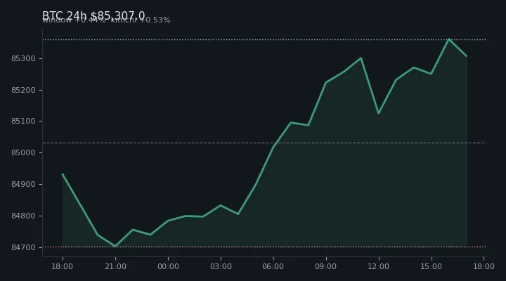 비트코인(BTC) 최근 24시간 USD 추세 — $85,307.0·창 +0.44%·김치 +0.53%·고 $85,459.5·저 $84,538.5